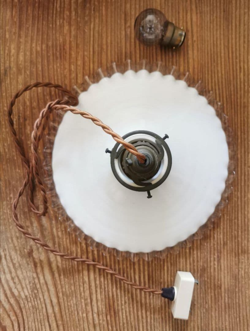 アンティーク フランス 透明＆ミルクガラスフリル シーリングランプ＆レースセット