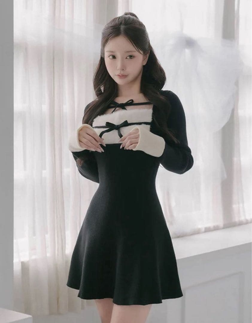 Darich リボンファーフレアニットミニワンピース BLK FREE