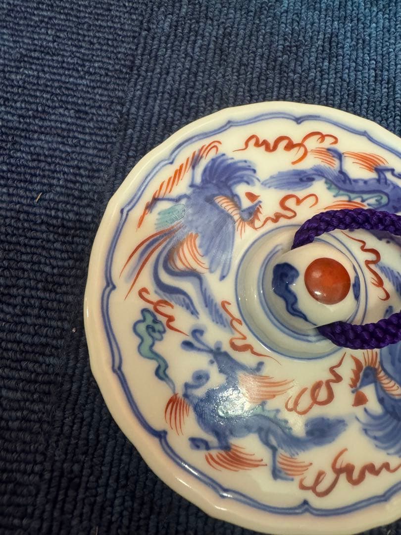 1879 十四代　辻常陸製　染錦龍鳳凰文　文鎮　未使用