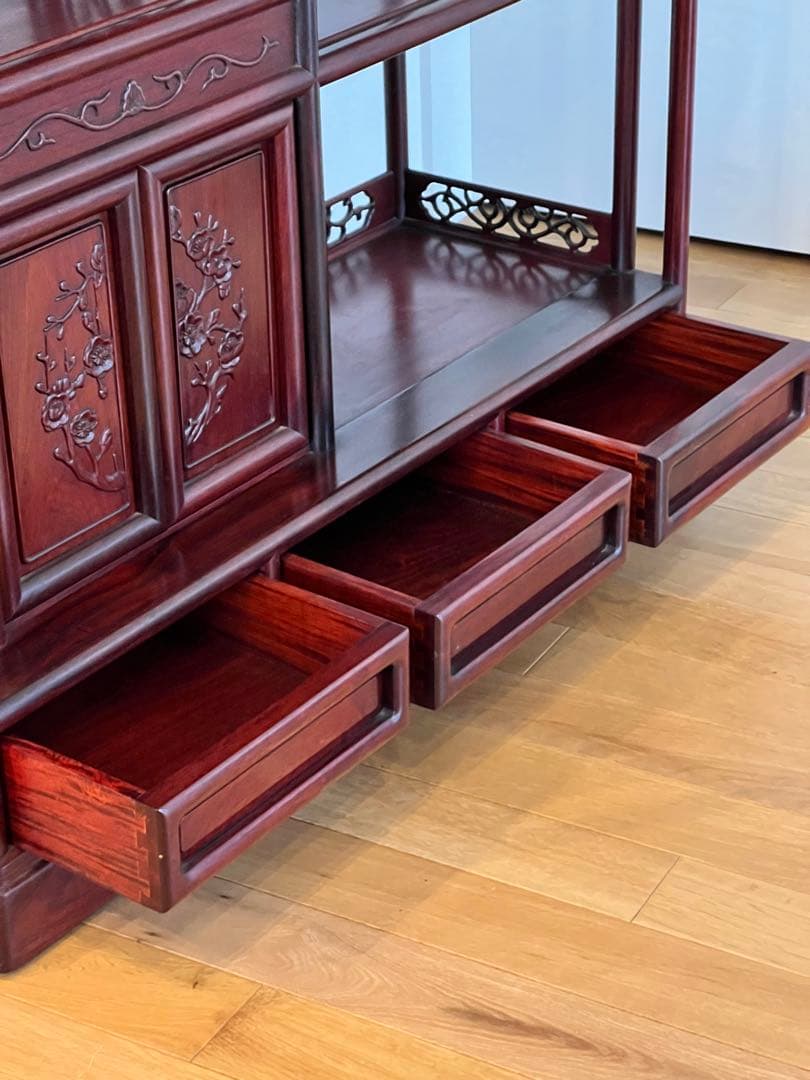 唐木 花梨 茶箪笥 飾り棚 茶棚 違い棚 和家具 木製 彫刻 アンティーク