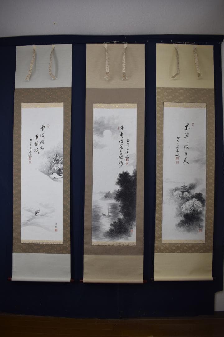 【真作】石田晃谿（画）福本積應（賛）/雪月花三幅対/掛軸☆宝船☆Y-577　JM