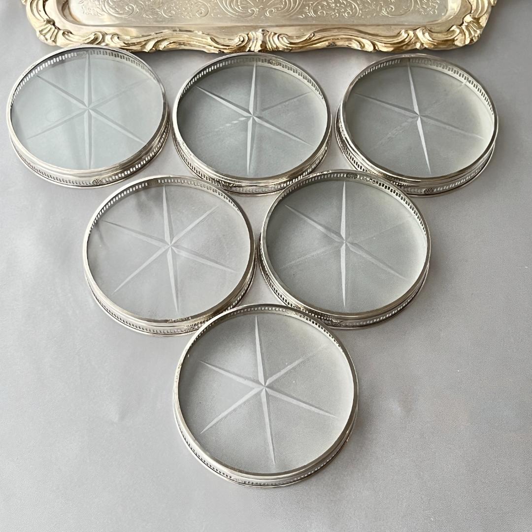 【Webster】 【純銀 / ガラス】紋章のコースター 6枚 スターリング