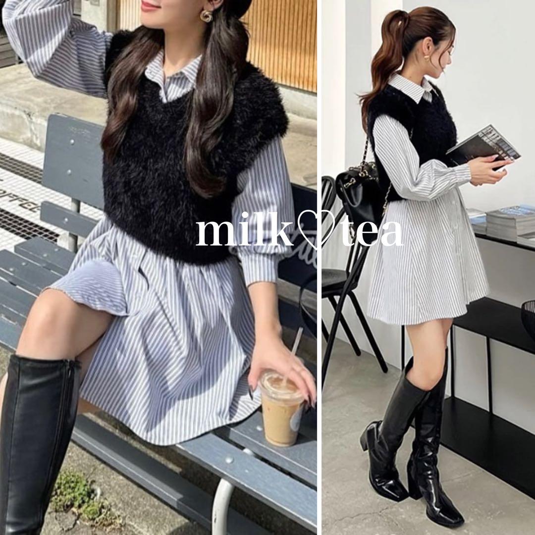 新品 ロイヤルパーティー ニットベスト付くびれるストライプシャツワンピース F