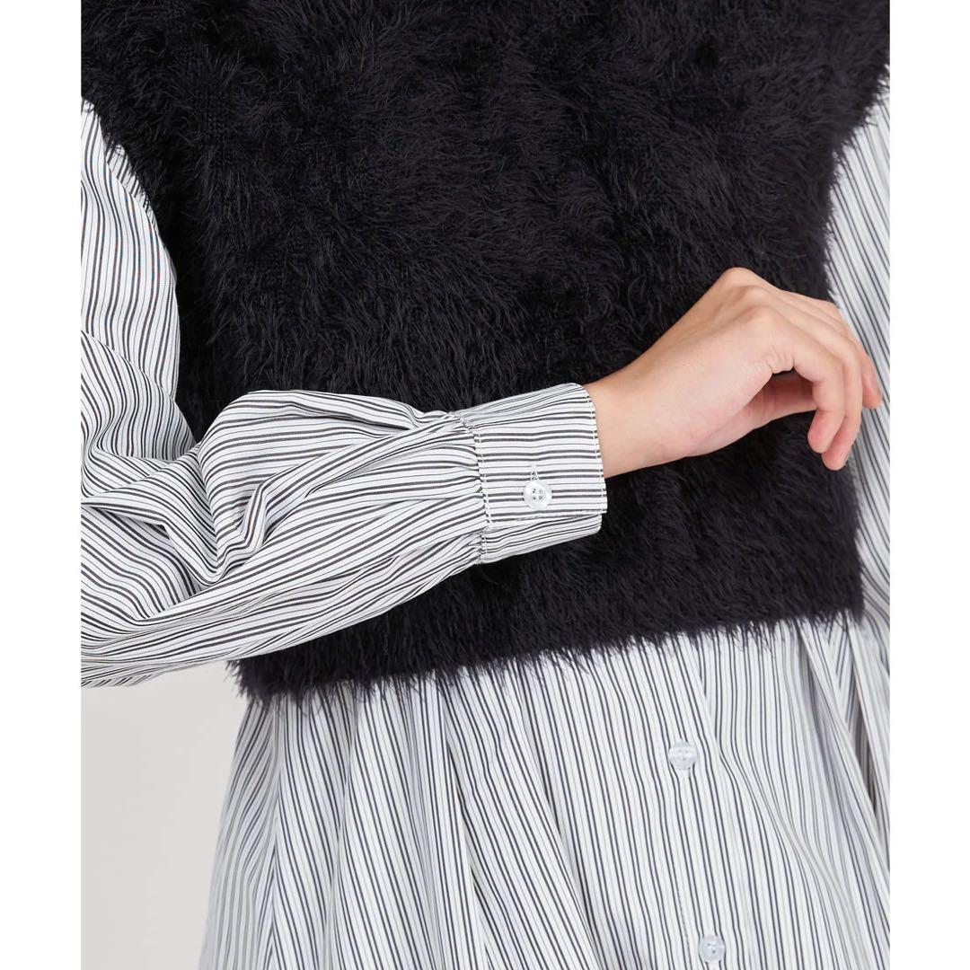 新品 ロイヤルパーティー ニットベスト付くびれるストライプシャツワンピース F