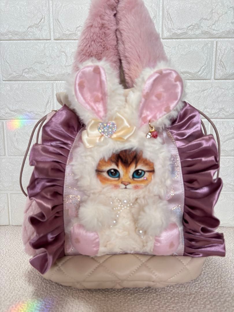 黒*こ様 コヤンイサムチョン　丸底巾着ファーバッグ　ピンク　白うさちゃん