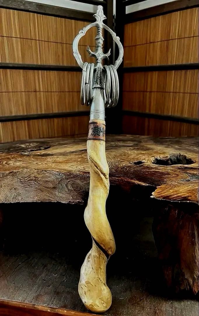 仏教美術 時代 密法 法具 希少 螺旋柄木 真鍮製 六貫 錫杖 雲海大峯 焼印