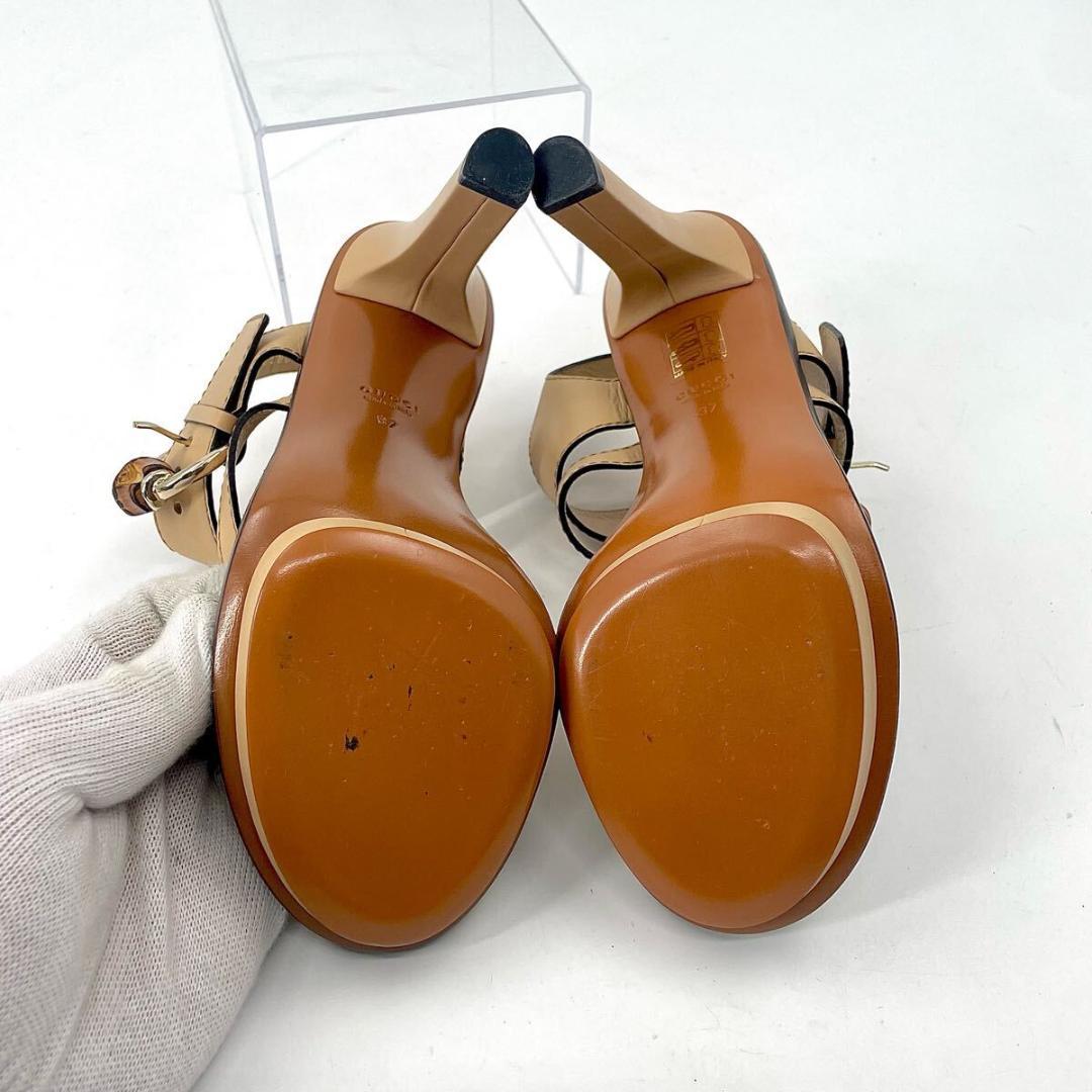 【未使用級】グッチ バンブー ストラップ ベルト サンダル ヒール レザー 本革