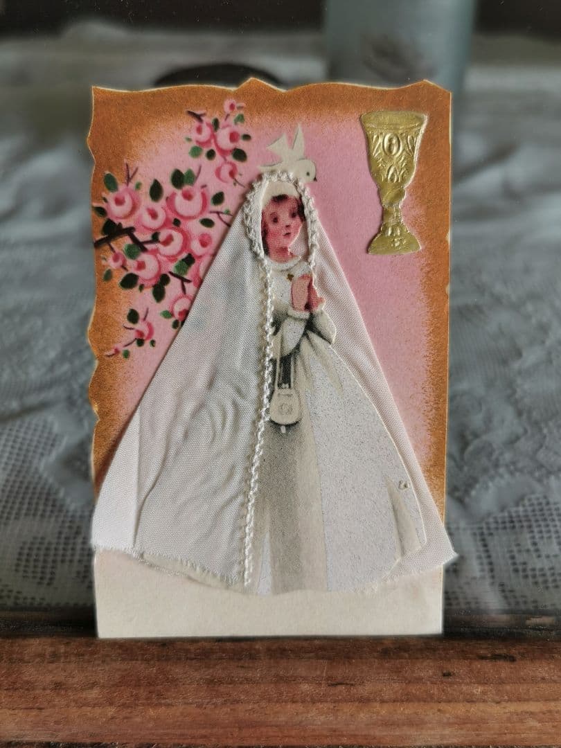 アンティーク ワイングラスモチーフ刺繍レース ＆初聖体式の少女の立体カードセット