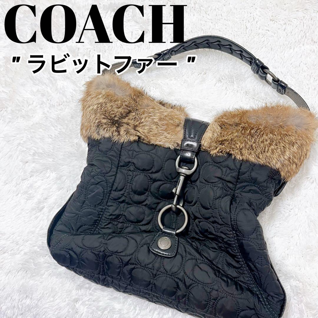 【ラビットファー】COACH レザー ハンドバッグ シグネチャー ナイロン 希少