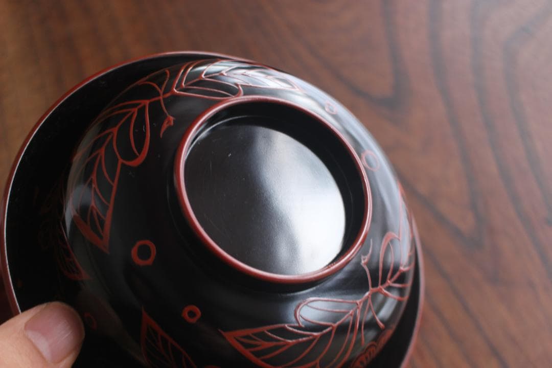 時代逸品！端正な爪朱黒漆に風情ある木芙蓉文の美しい吉野塗の四つ椀（検懐石道具京塗