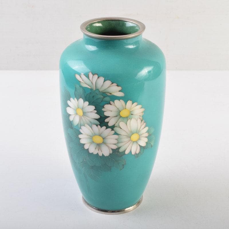 七宝焼　青釉　花文　花瓶　V　8999