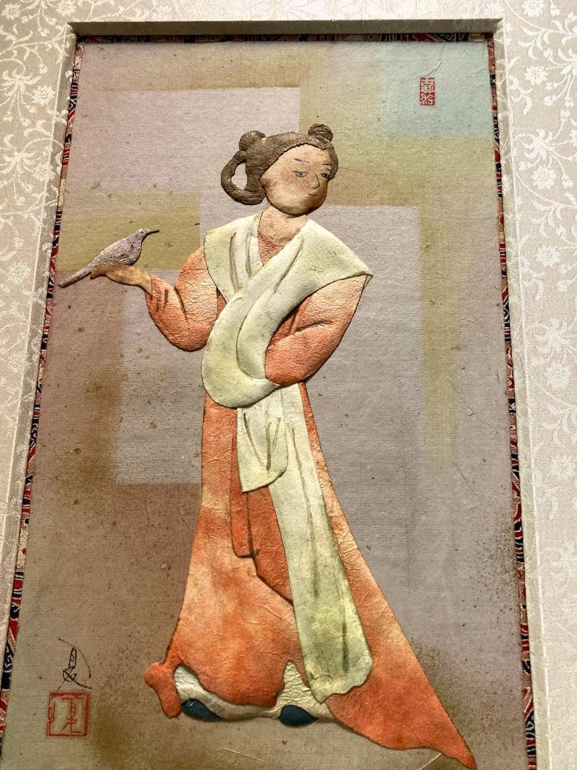 昔は有名な荒川夏子　古典絵　古代壁画女人像　1982年貼り絵細工　絵画　金粉加工
