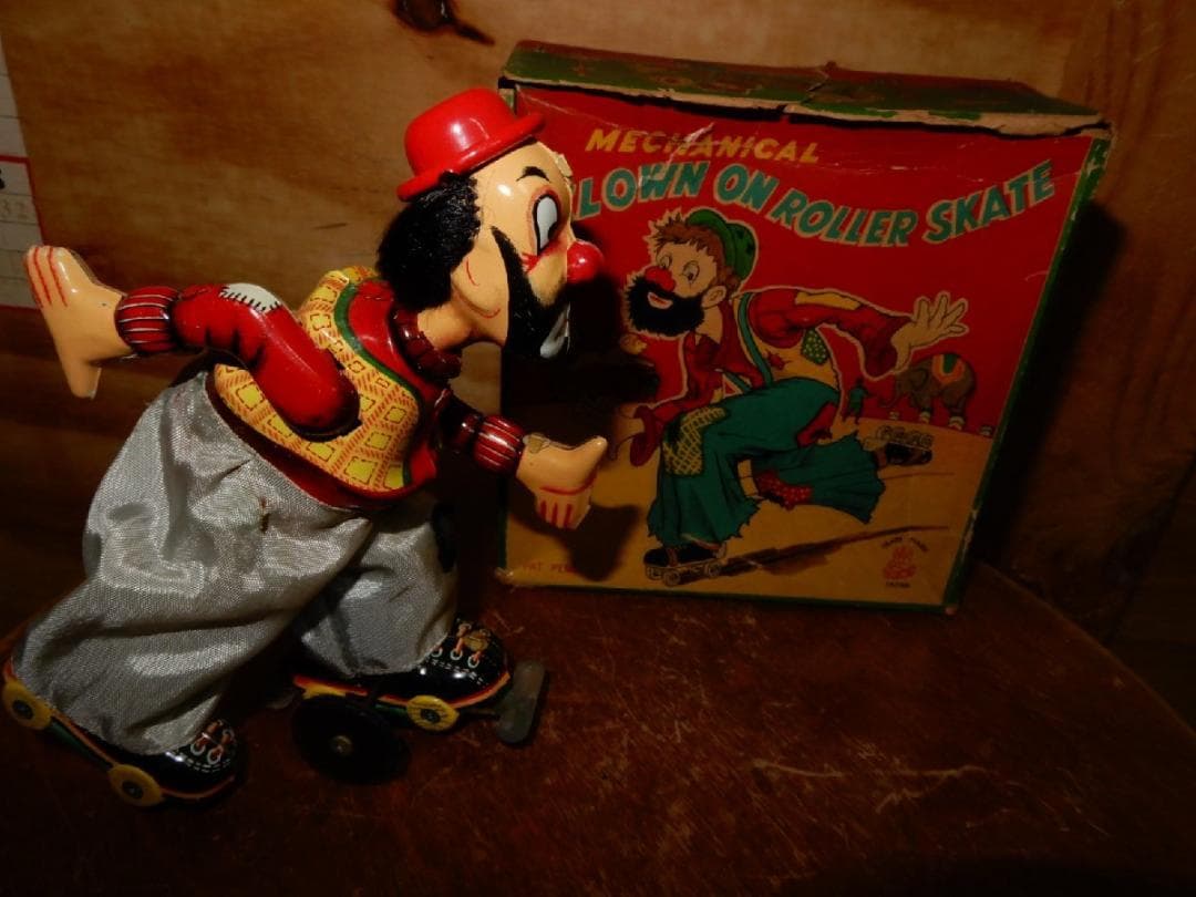 ☆動作済☆人気絶大 ブリキ50'S ピエロのローラースケート箱付☆全高約１６cm