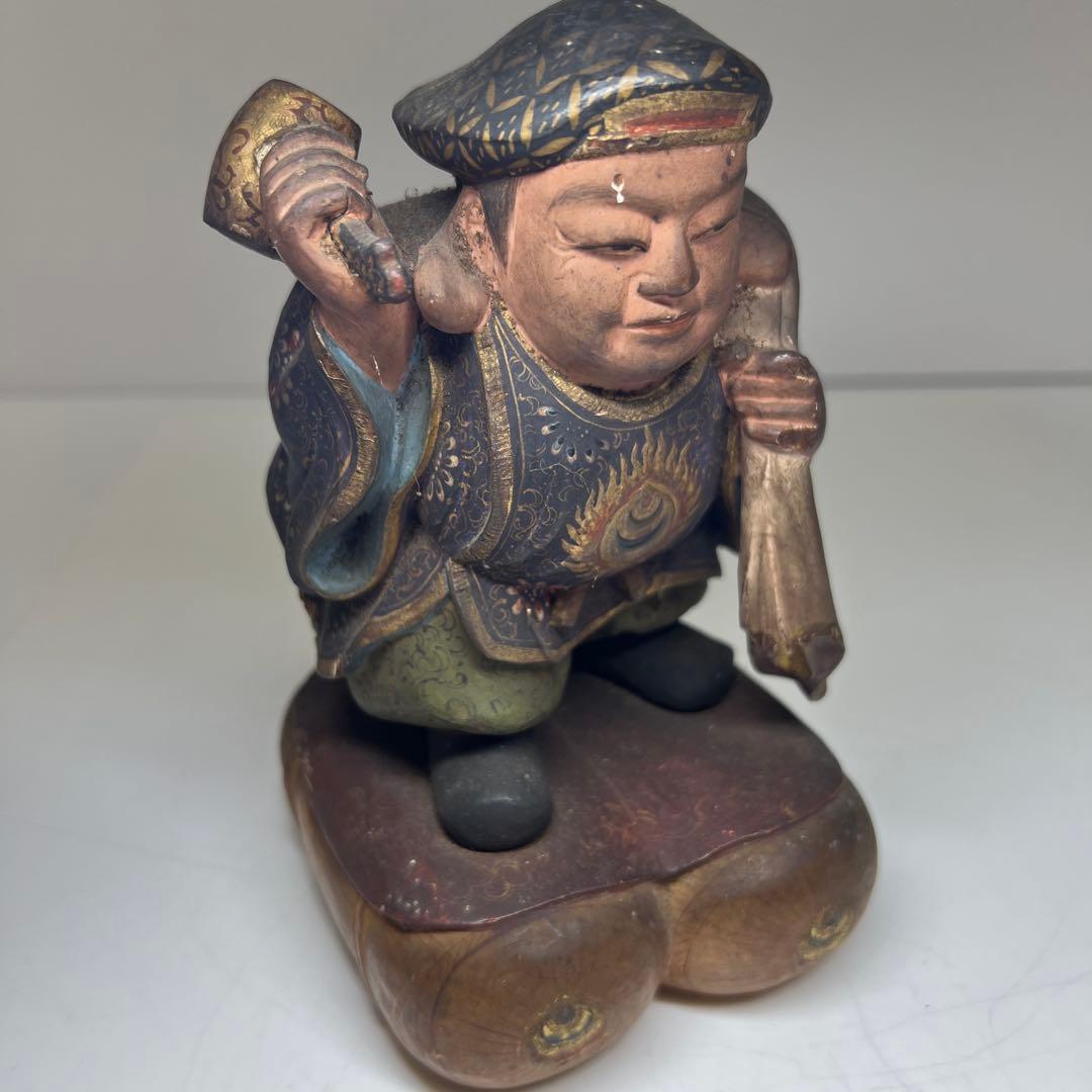 江戸後期　木彫色絵大黒　高さ約17㎝　東Y7-1223①トヒチル