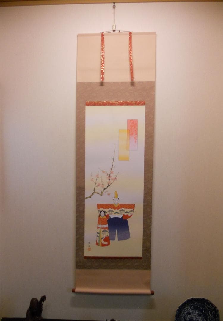 掛け軸 長江桂舟 立雛 絹本 希少 軸装 茶道具 掛軸 美品 です。