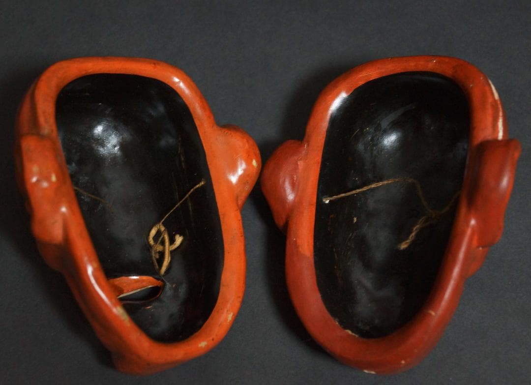 陶器製 玉眼 面 小面 魔除け 壁掛け 飾り物 二点セット 箱付