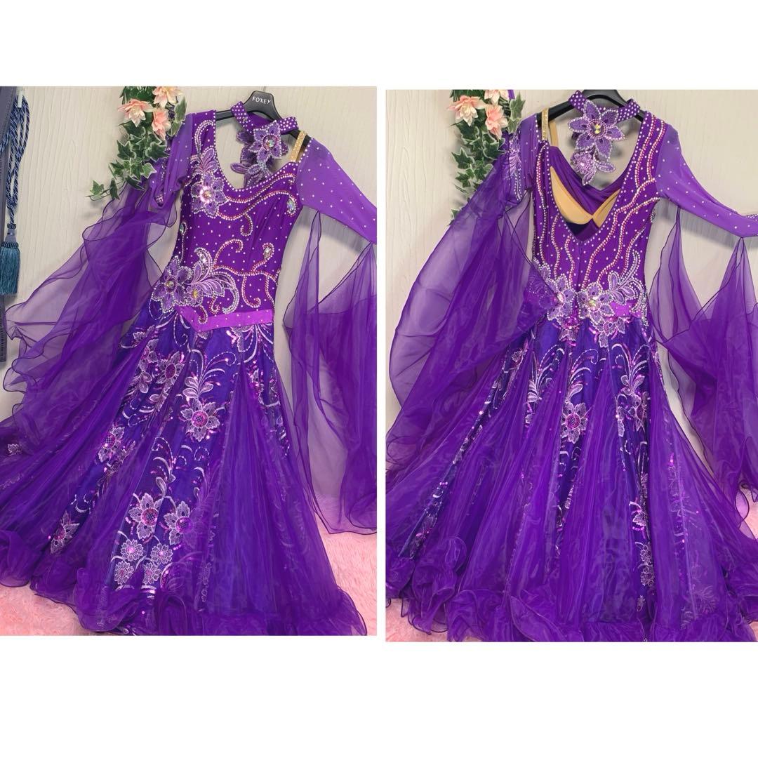 競技ダンス/ドレス【パープル/刺繍/ビジュー】社交ダンス 衣装 スタンダード