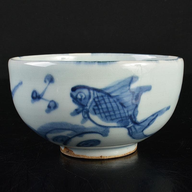 茶道具　古染付　魚波文 　煎茶碗　仕覆付　 表千家碌々斎極め箱　M　R7060