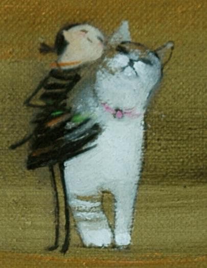 油絵 菅家令子 絵 絵画インテリア額付(黒) F3-030919子犬子猫と女の子