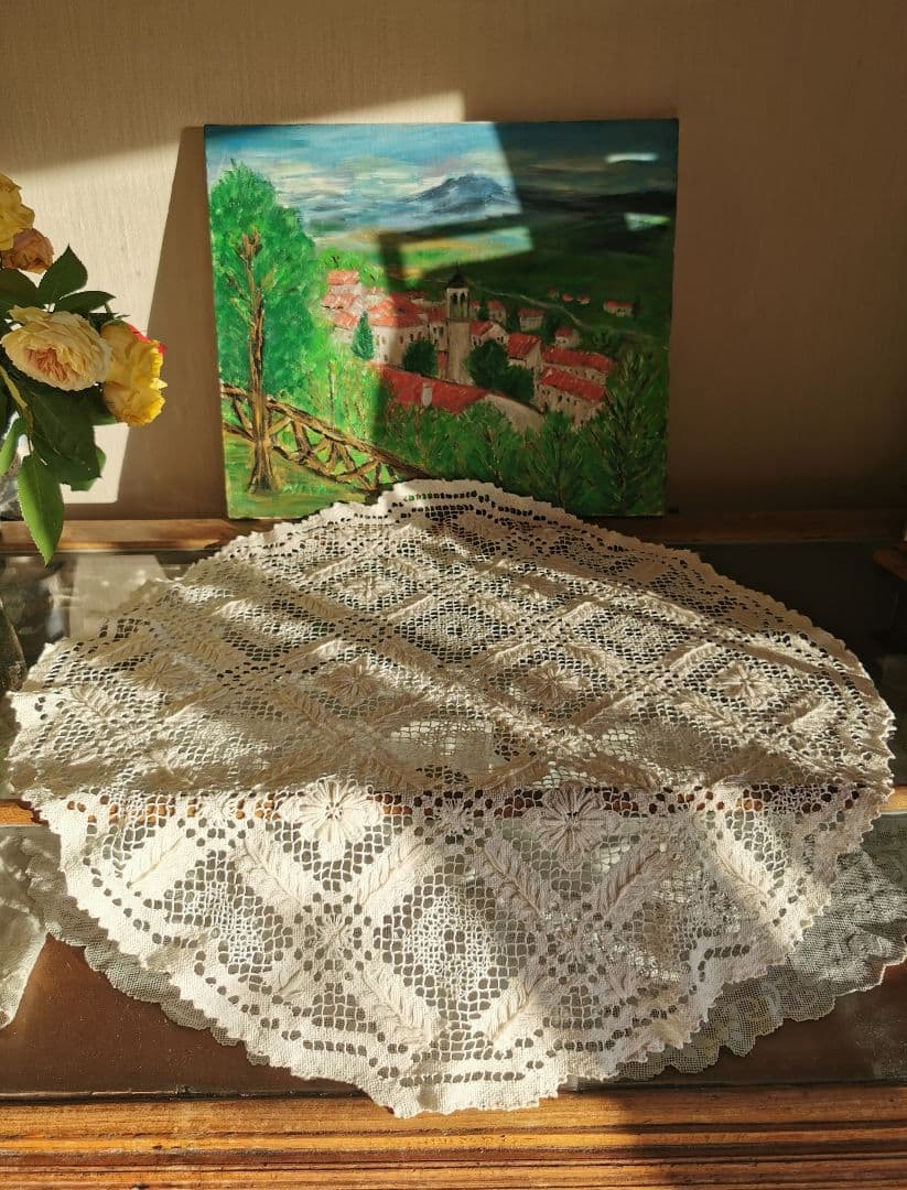 アンティーク イタリア ニードルワーク 花葉盛上刺繍フィレレース ラージクロス