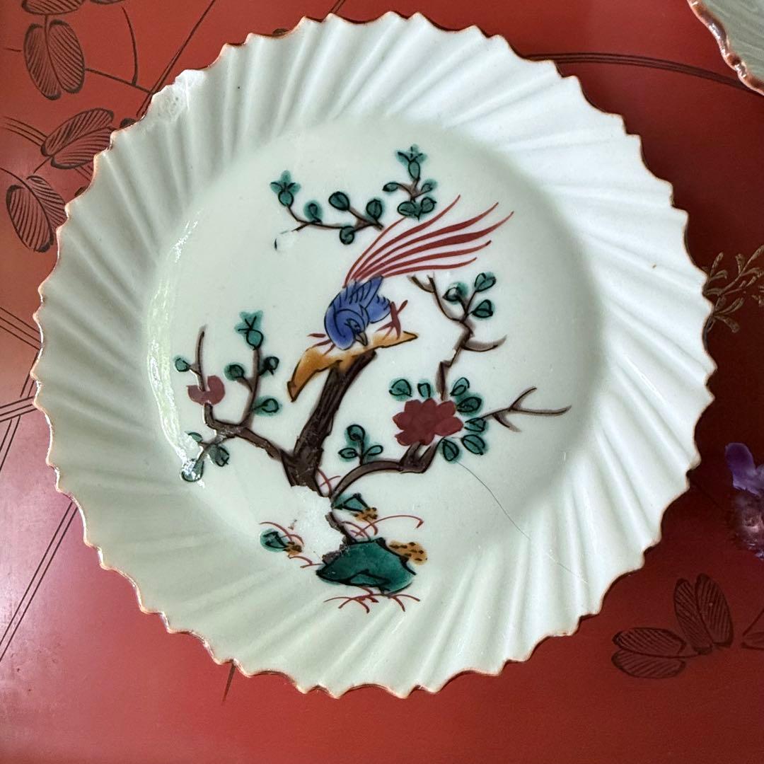 2164感謝‼️夏の倣い古九谷‼️幸せ強運の色絵花鳥図在銘福波打つ小皿4客➕1客プレ