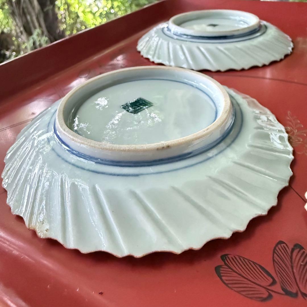 2164感謝‼️夏の倣い古九谷‼️幸せ強運の色絵花鳥図在銘福波打つ小皿4客➕1客プレ