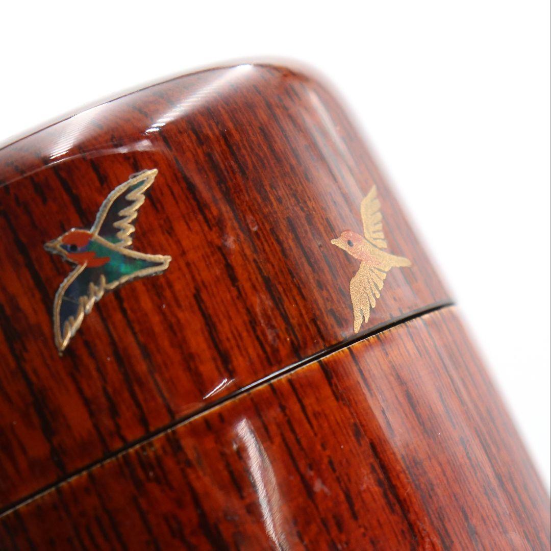 蒔絵師 山下泰園作 稲穂に雀 欅溜塗 長棗 茶道具 共箱　V989