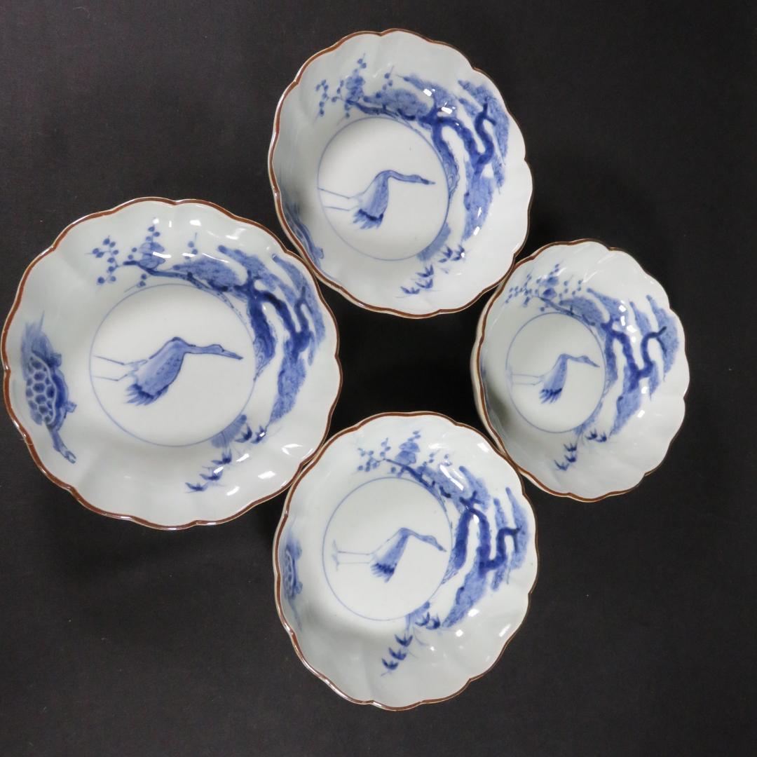 なます皿 染付 4枚 鶴亀 松竹梅 美品 古伊万里 スレ僅か