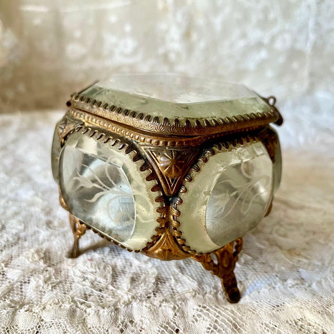 6角形ベベルガラスジュエリーボックス　アクセサリーケース　フランスアンティーク