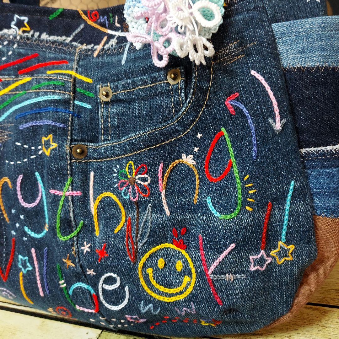 刺繍デニムバック　No.662　デニムリメイク　刺繍バック　サイドポケット