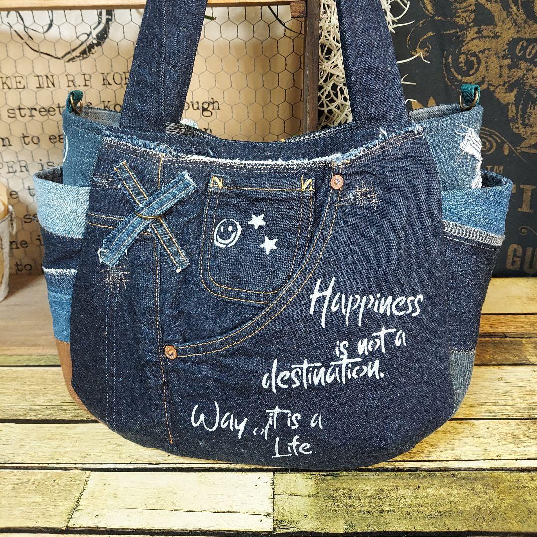 刺繍デニムバック　No.662　デニムリメイク　刺繍バック　サイドポケット