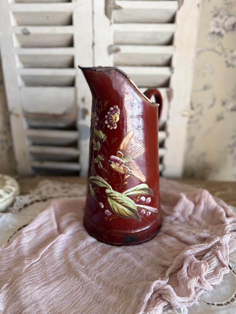 フランスアンティークブラウン小鳥と草花のハンドペイントのホーロージャグピッチャー