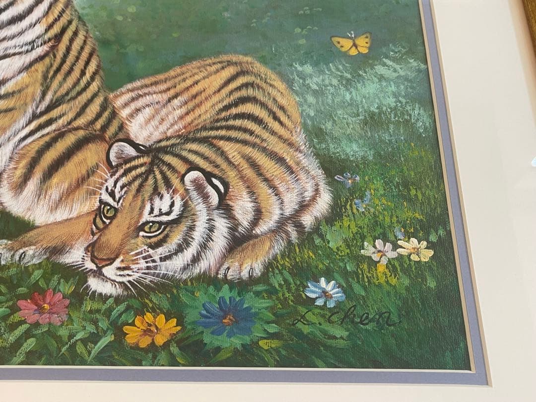 【開運絵画】「水辺の虎と蝶」の油彩画　超絶技巧　L.Chen