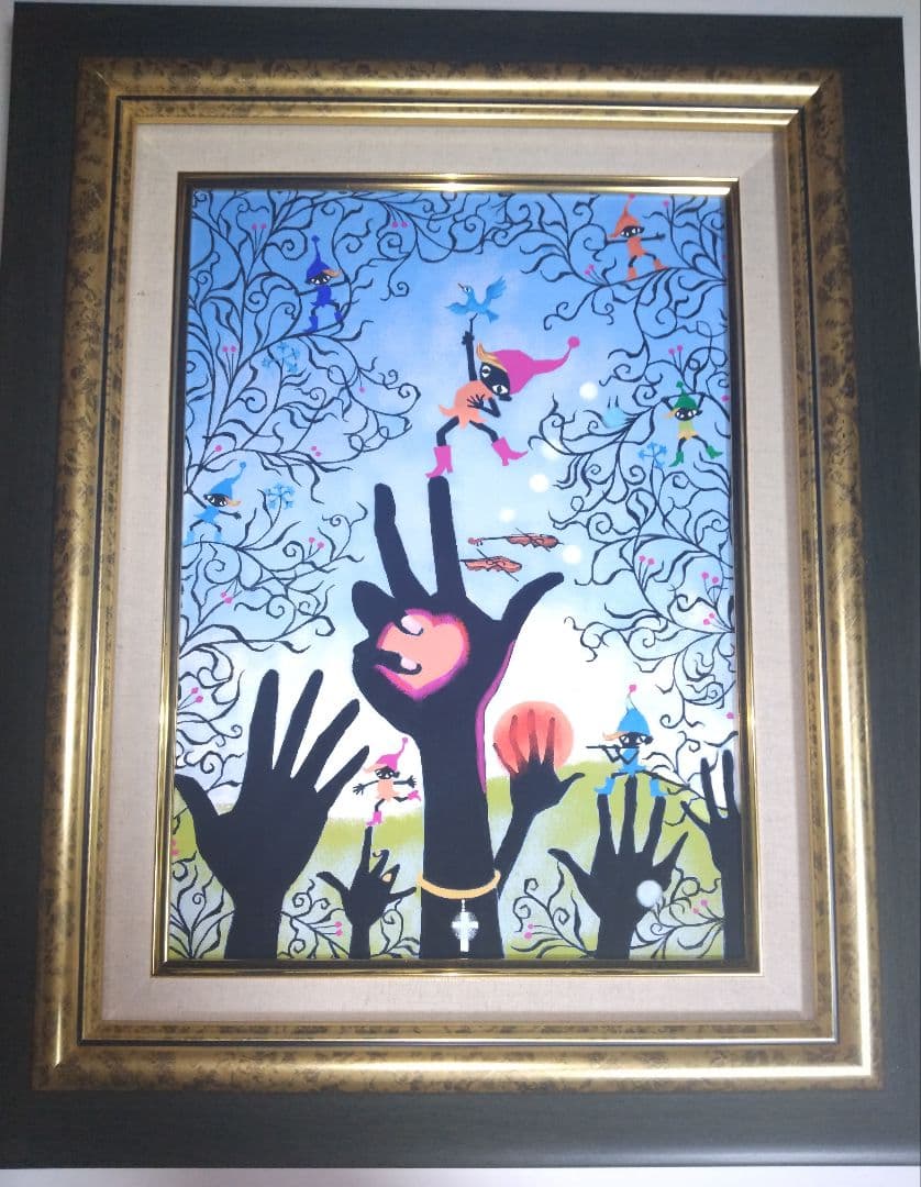 藤城清治、絵画、油彩4号こびとくんこの指とまれ新品額縁、肉筆、山下清。