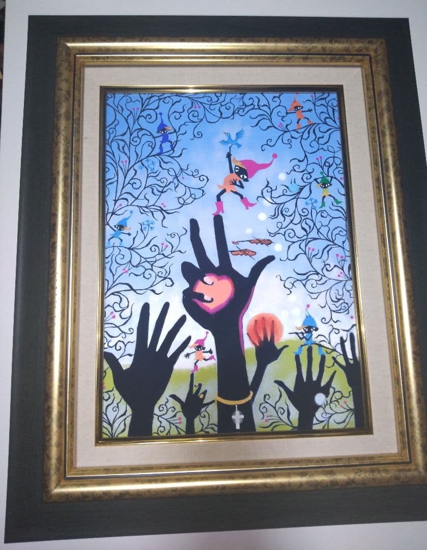 藤城清治、絵画、油彩4号こびとくんこの指とまれ新品額縁、肉筆、山下清。