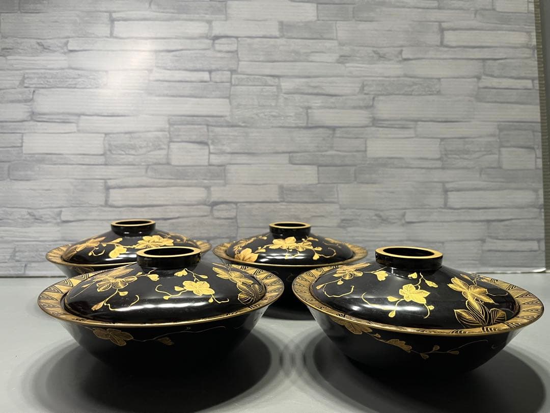 時代　極上　輪島塗　沈金蒔絵　蓋付き煮椀　四客　木製