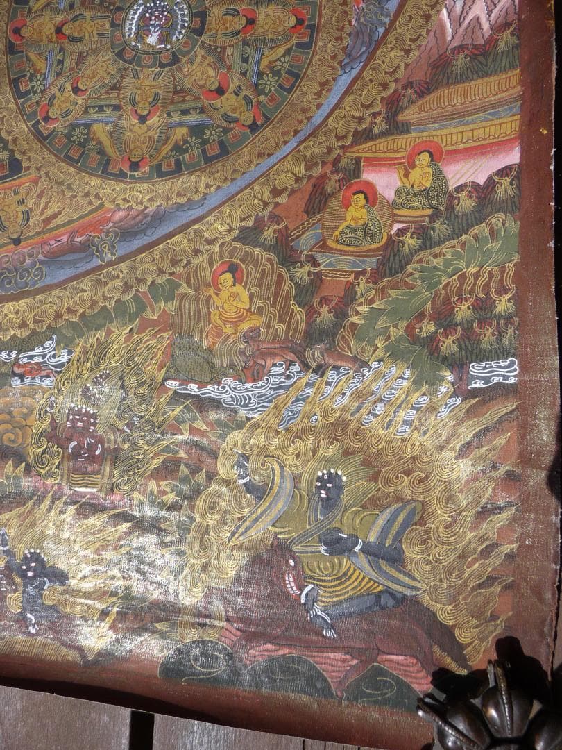 大サイズ　希少　肉筆　タンカ　チベット　黒兼彩　金彩　まくり　※説明必読願います