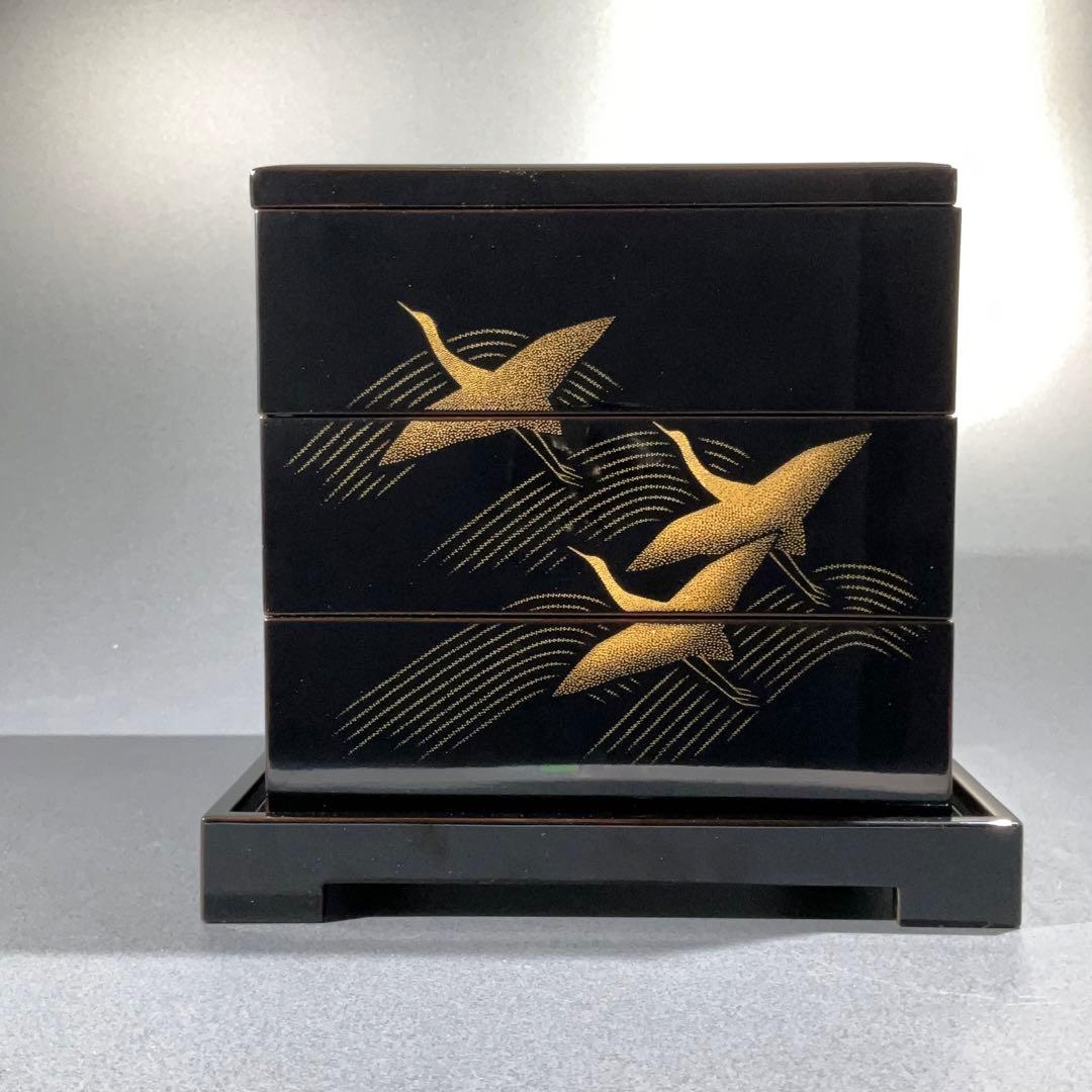 沈金蒔絵　千羽鶴　三段重　黒漆　共箱　三谷吾一　輪島　R0845て