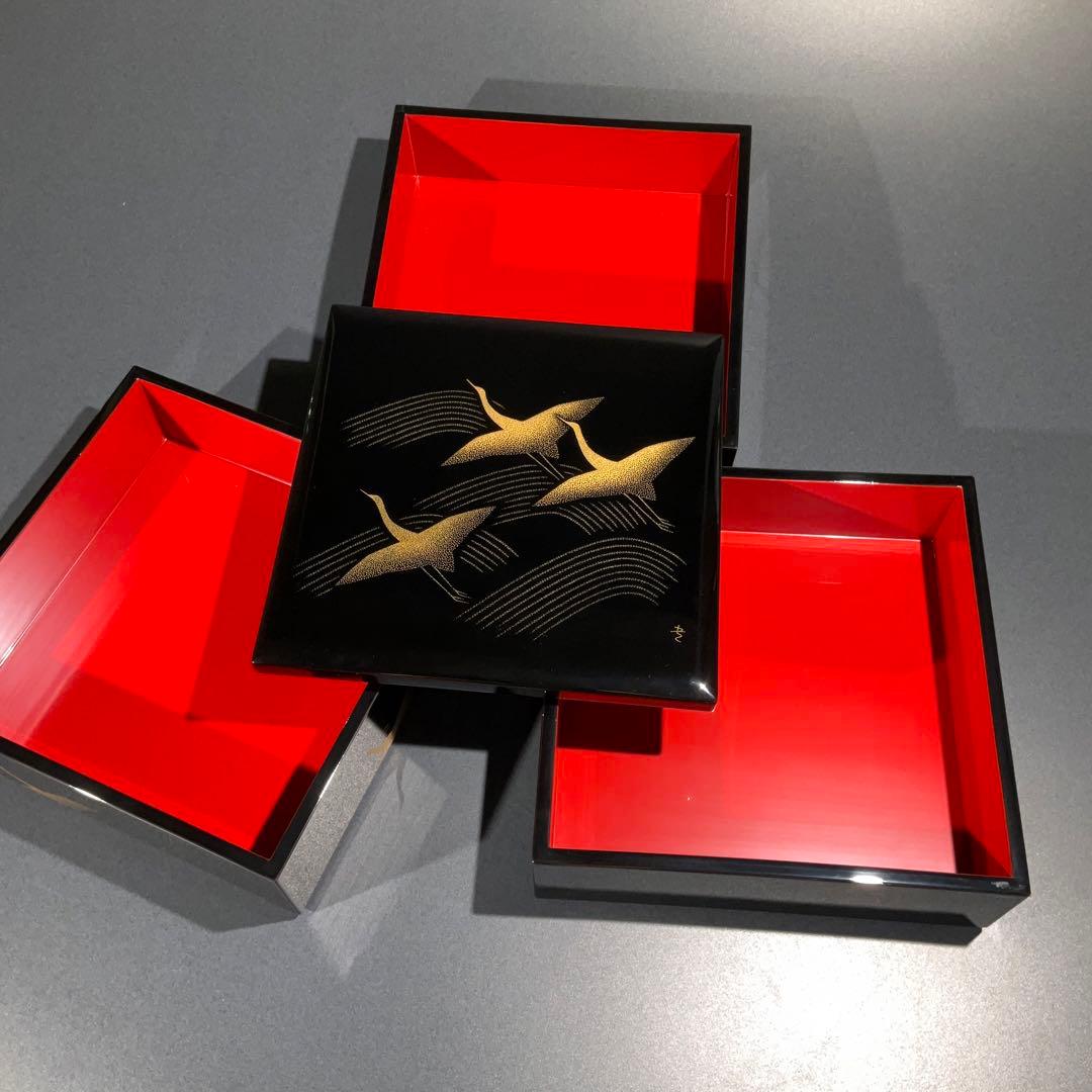 沈金蒔絵　千羽鶴　三段重　黒漆　共箱　三谷吾一　輪島　R0845て