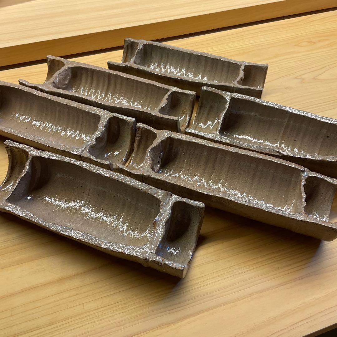 西岡良弘　唐津 割竹向附　6客　窯元 西岡小十　小次郎窯　共箱 栞付き