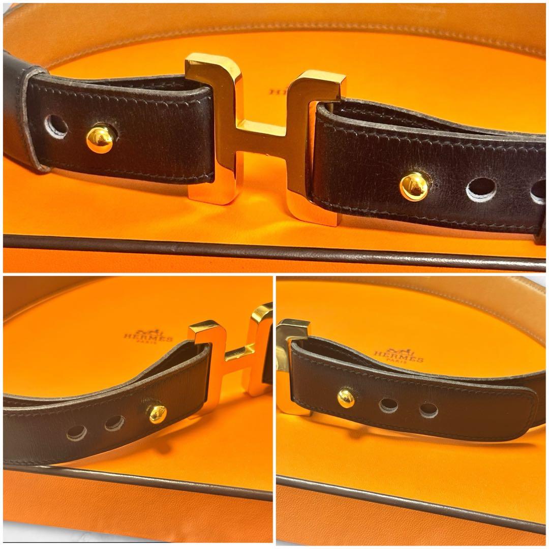 極美品✨HERMES エルメス H バックル ベルト レザー ブラック ゴールド