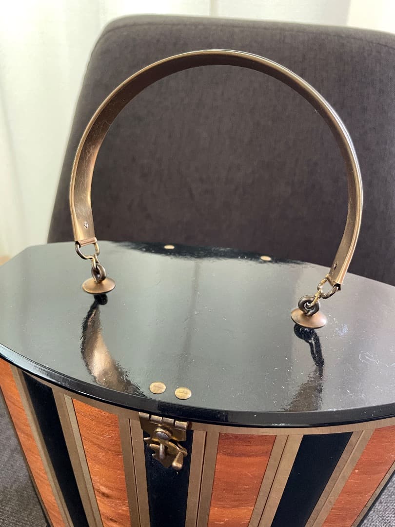 レア ヴィンテージ ストライプデザイン 木製 & レザー バスケット 1950s