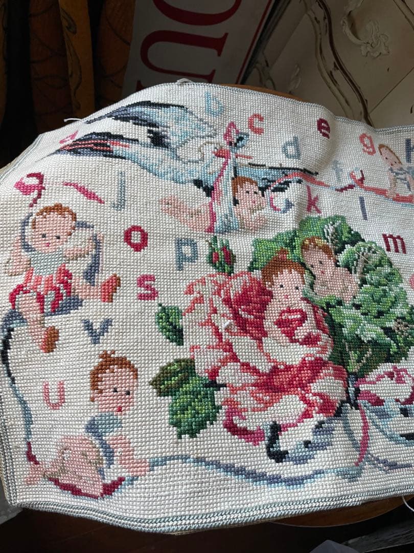 アメリアンティーク　サンプラー　アルファベット　刺繍　プチポアン　レア