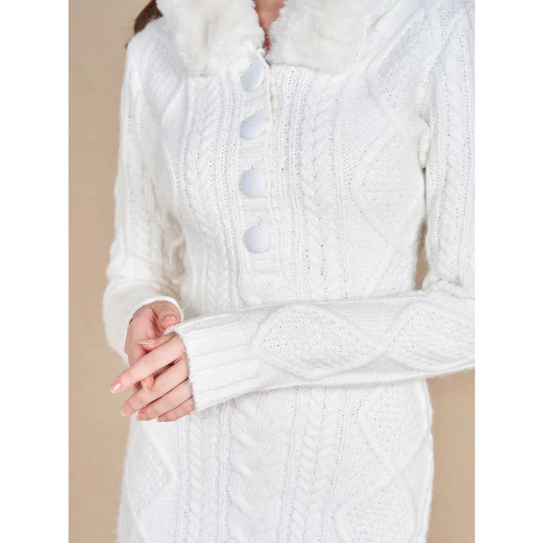 新品タグ付き ダーリッチ フードファーケーブルニットミニワンピース グレー FL