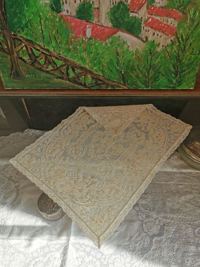 アンティーク 目の細かな◻◽フィレレース レクタングル トレイクロス ローズ紋β