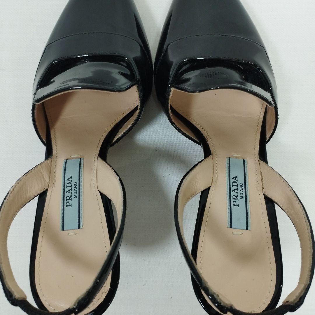プラダ エナメル ブラック ポインテッドトゥ ミュール Sサイズ 21cm