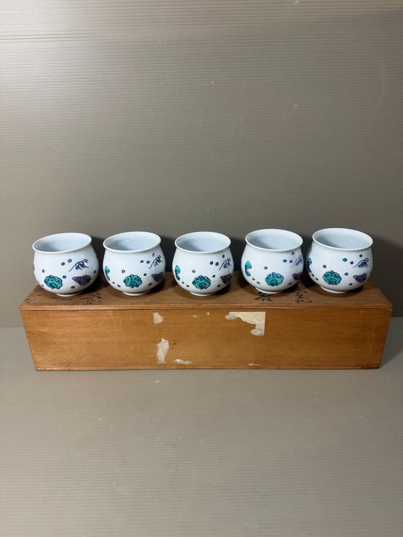 2191 源右衛門　染付花草浪花文　湯呑　5客