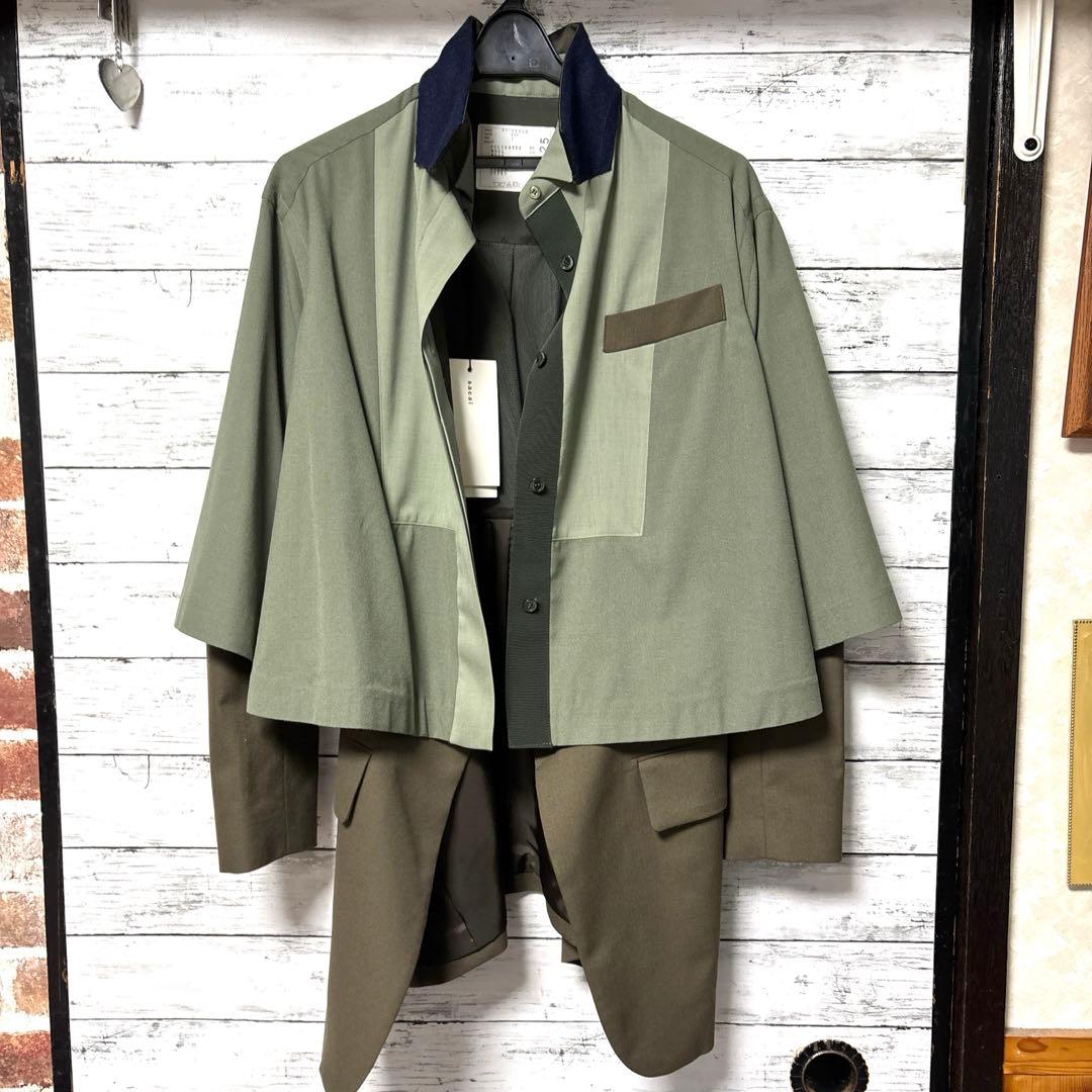 新品 sacai サカイ オリーブグリーン スーチングレイヤードジャケット