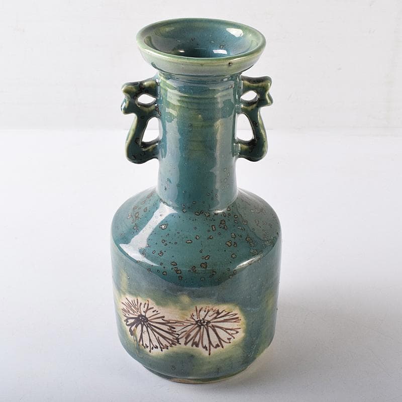 北大路魯山人作　織部焼　花文　耳付花瓶　黒田陶々庵極箱　M　R8680B