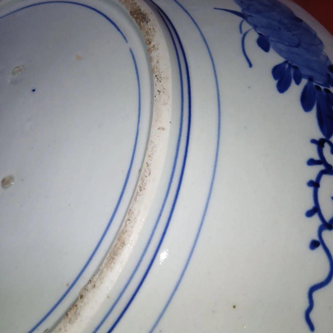 レトロヴィンテージ大皿、サイズ46センチ青い花と鳥の陶器プレート